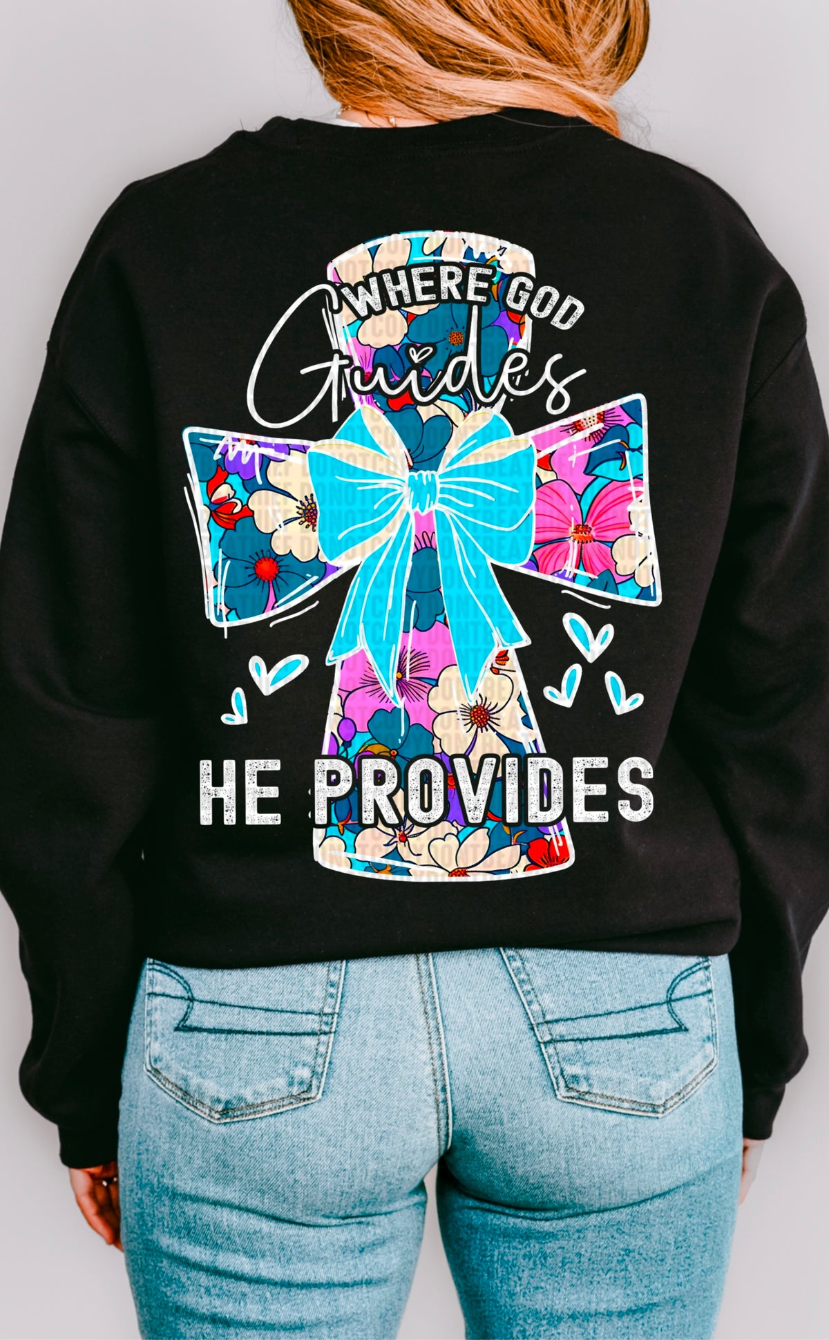 Where god guides he provides cross white font 93656 DTF transfer