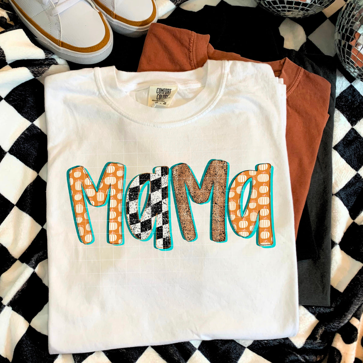 Teal Orange and Checker Mama (county line) 114112 DTF transfer