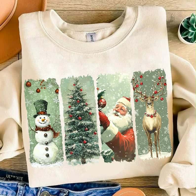 GREEN Brushstokes with Santa, Tree, reindeer and snowman DTF transfer