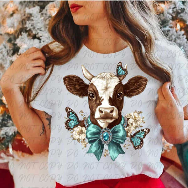 Cow with blue bow and butterflies (vintage) 67382 DTF transfer