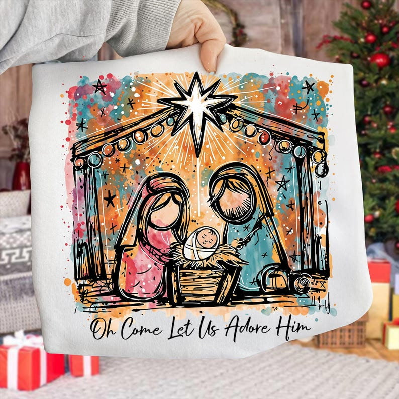Come let us adore him nativity rainbow background DTF Transfer