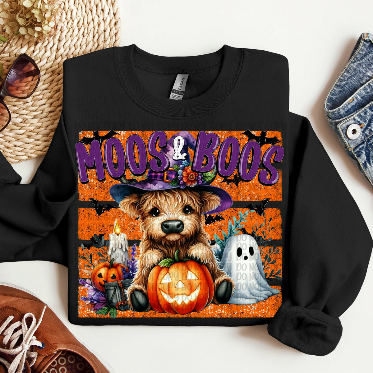 Moos and boos highland cow with witch hat ghost and pumpkin orange stripe background (VP) DTF Transfer