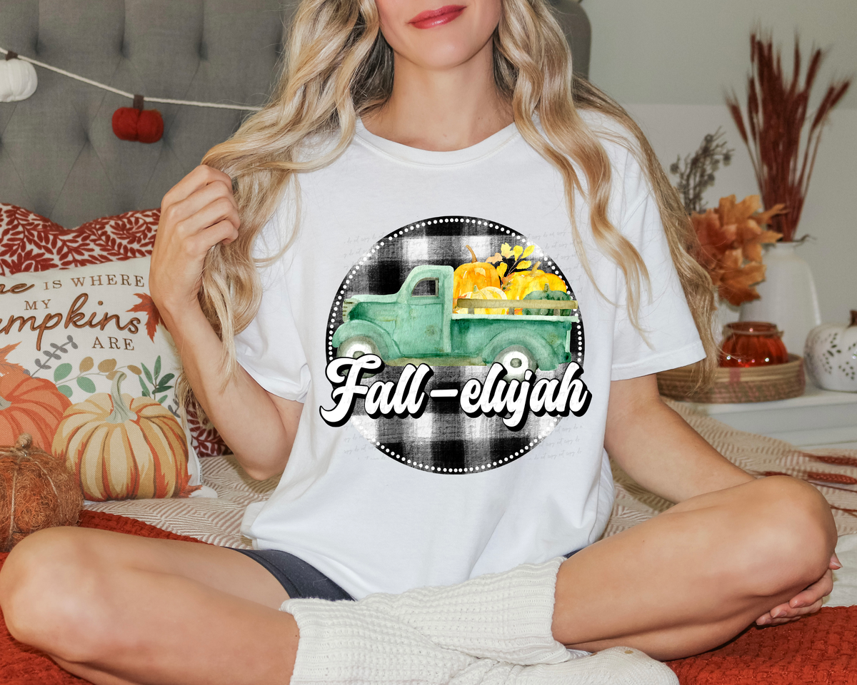 Fall-eluyah Plaid Circle with Green Truck and Pumpkins 116391 DTF Transfer