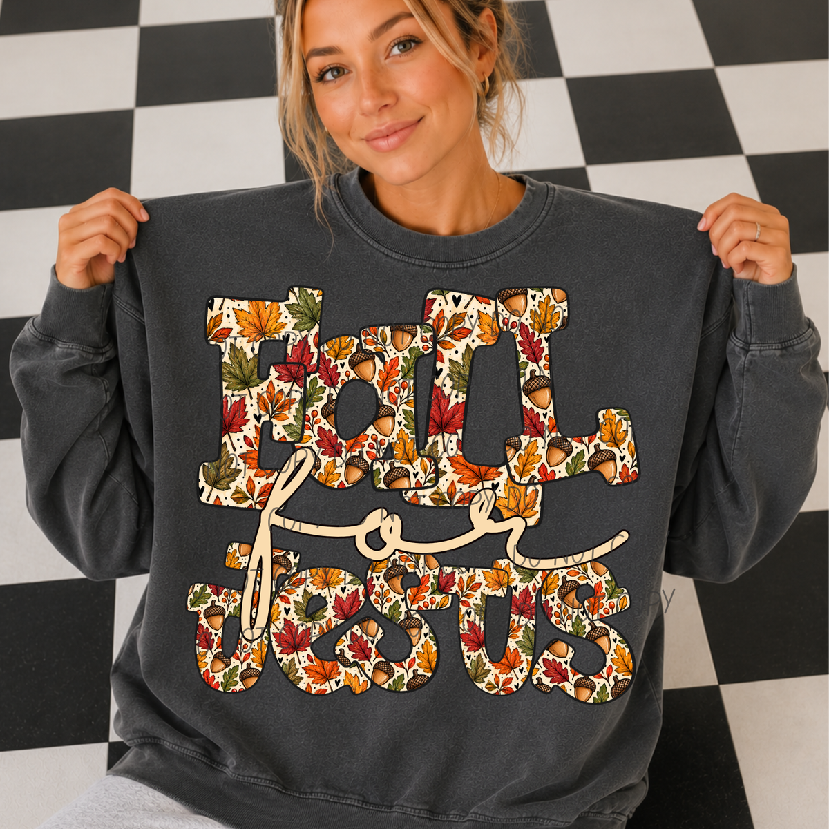 Fall for Jesus with leaf and acorn (Cursive) (City) DTF Transfer