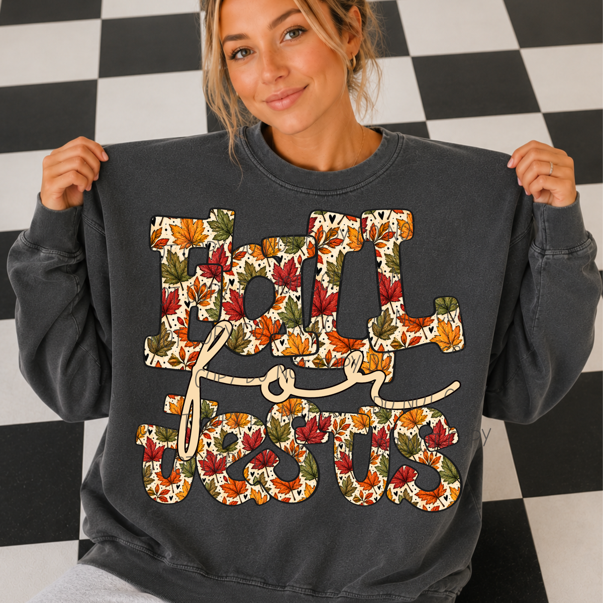 Fall for Jesus with leaf font (Cursive) (City) DTF Transfer