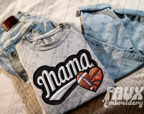 Varsity mama half football half basketball faux embroidery DTF transfer