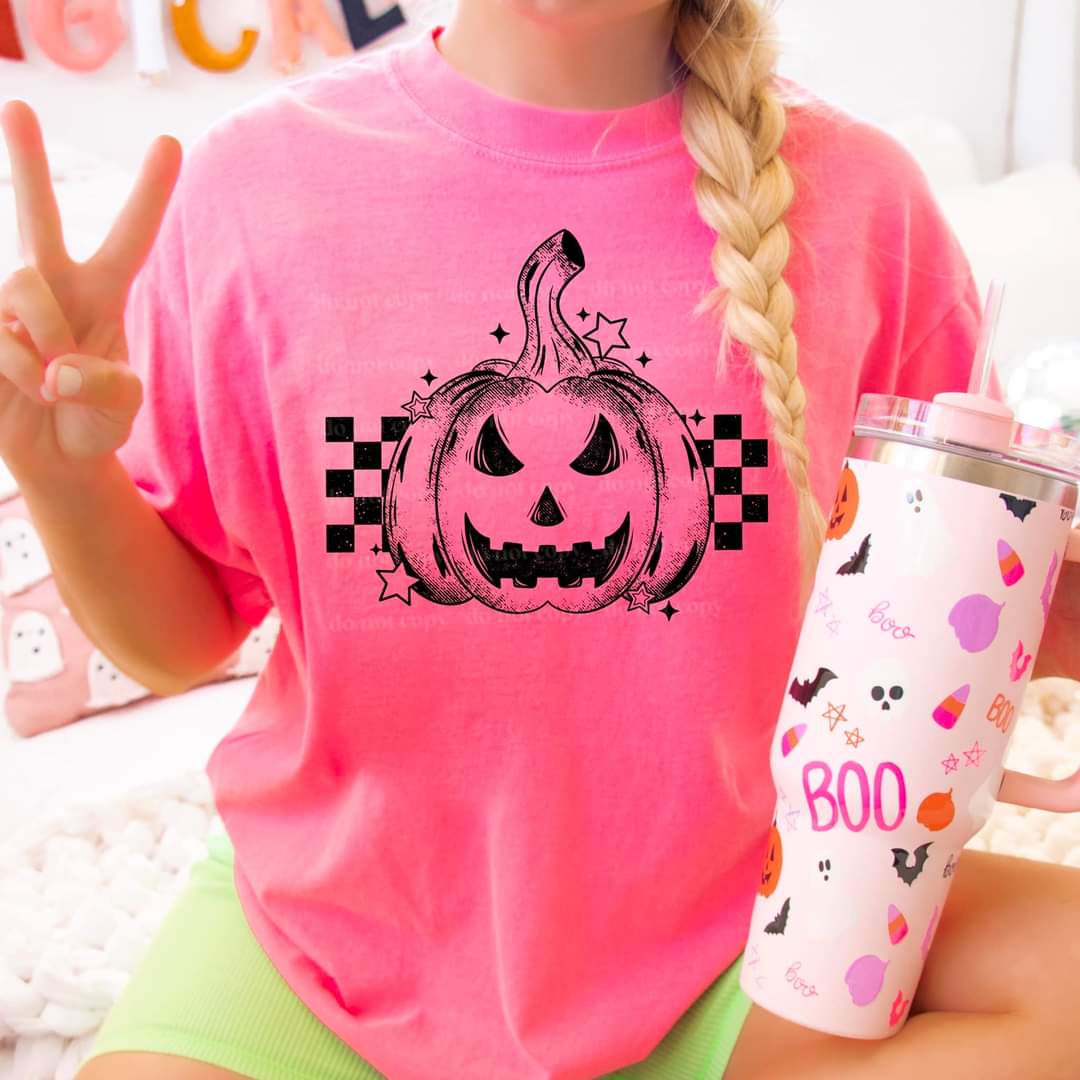 Black pumpkin outline with black checkered CSC DTF transfer