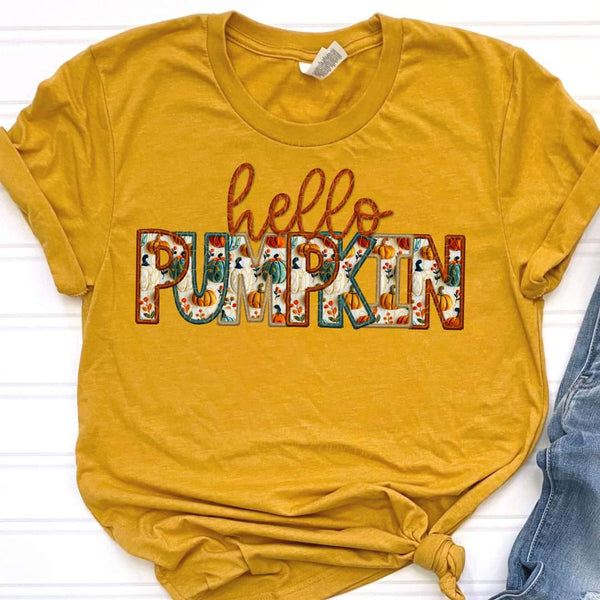 Hello pumpkin NO ACRONS fall embroidery font CITY DTF transfer