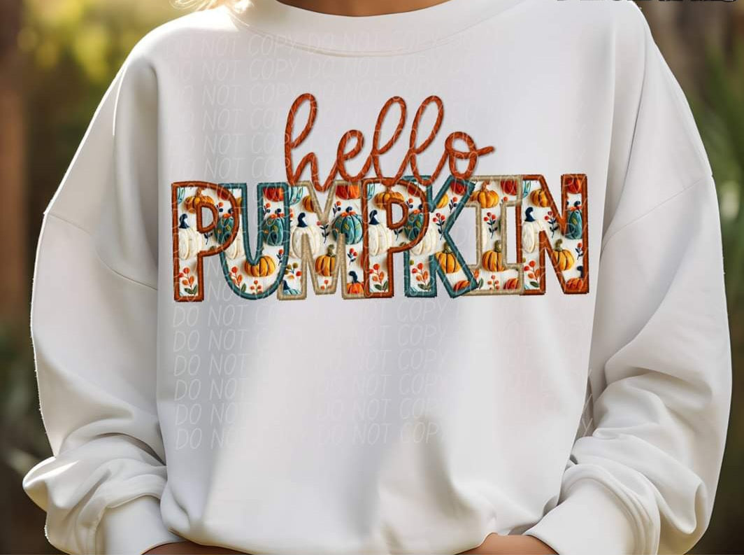 Hello pumpkin NO ACRONS fall embroidery font CITY DTF transfer