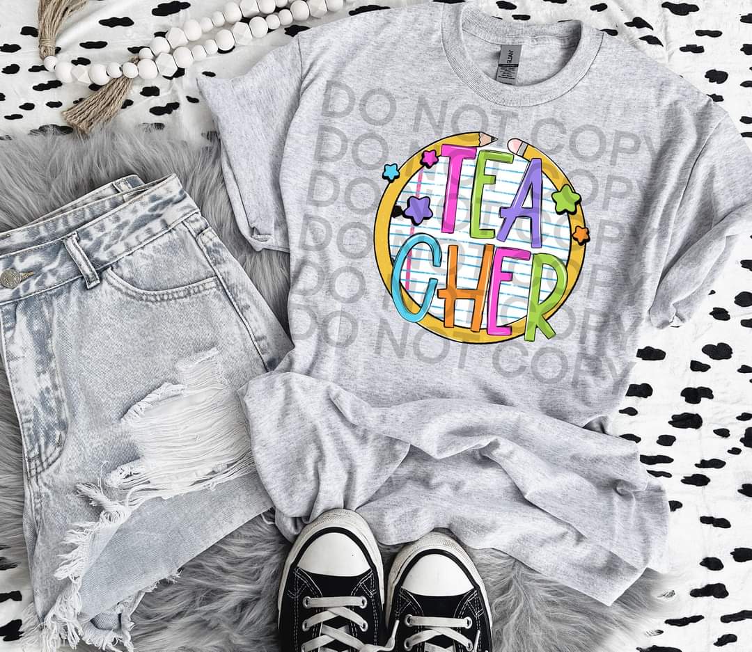Teacher paper with circle pencil colorful font DTF TRANSFER