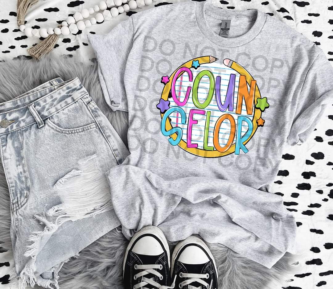 Counselor paper with circle pencil colorful font DTF TRANSFER