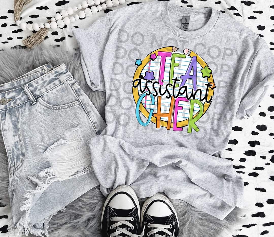 Assistant teacher paper with circle pencil colorful font DTF TRANSFER