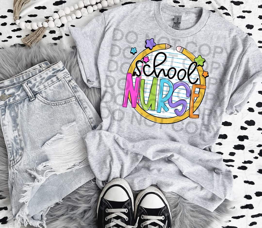 School nurse paper with circle pencil colorful font DTF TRANSFER