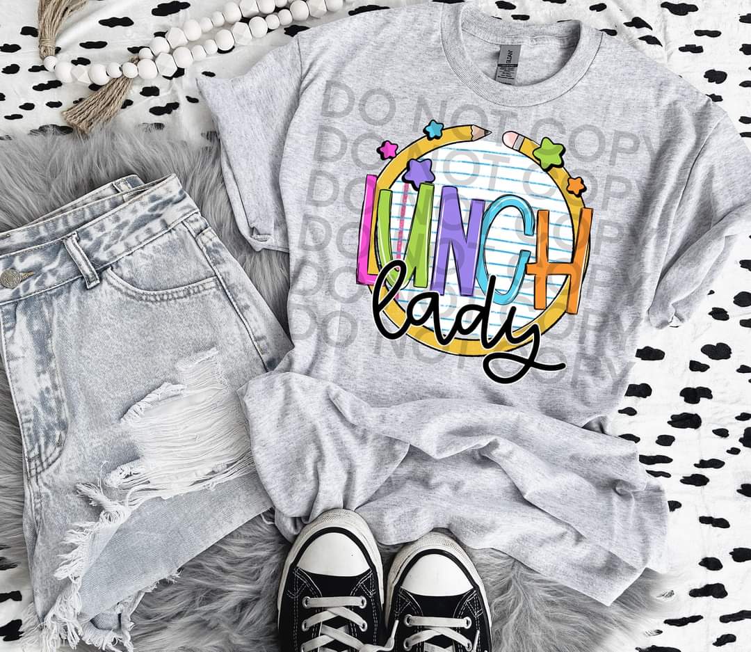 Lunch lady paper with circle pencil colorful font DTF TRANSFER