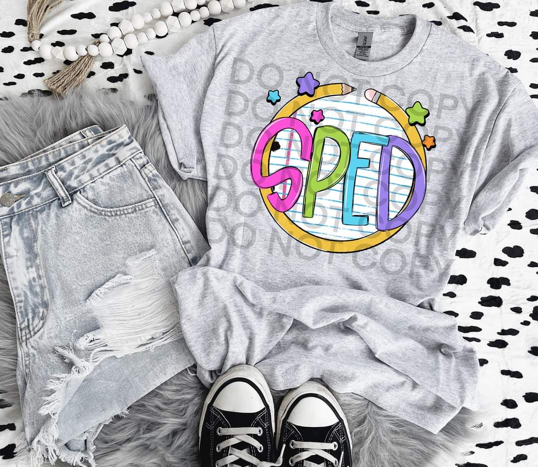 SPED paper with circle pencil colorful font DTF TRANSFER