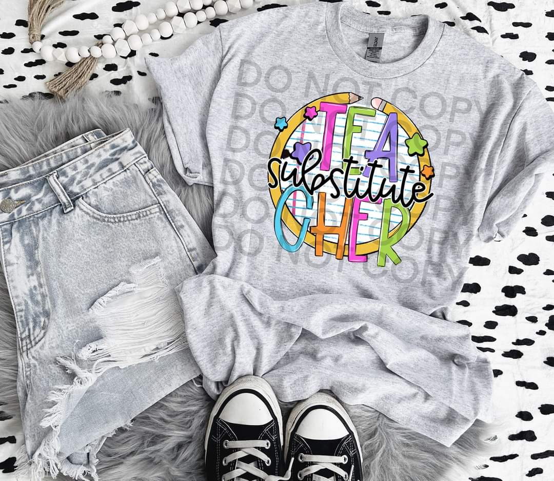 Substitute teacher paper with circle pencil colorful font DTF TRANSFER