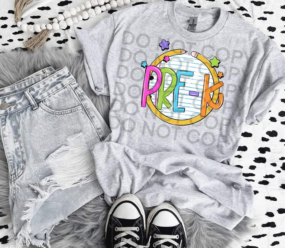Pre-K paper with circle pencil colorful font DTF TRANSFER