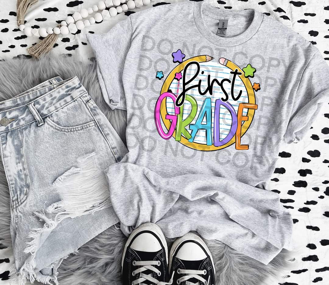 First grade paper with circle pencil colorful font DTF TRANSFER