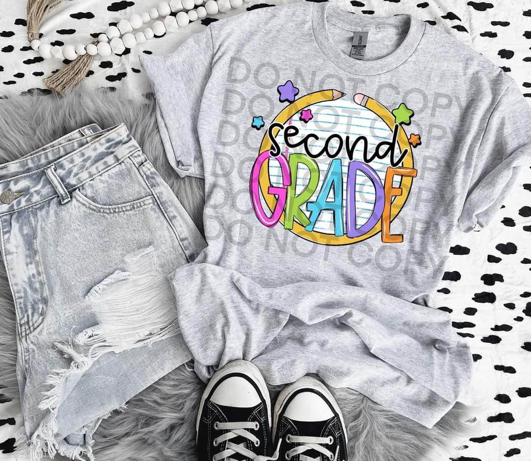 Second grade paper with circle pencil colorful font DTF TRANSFER