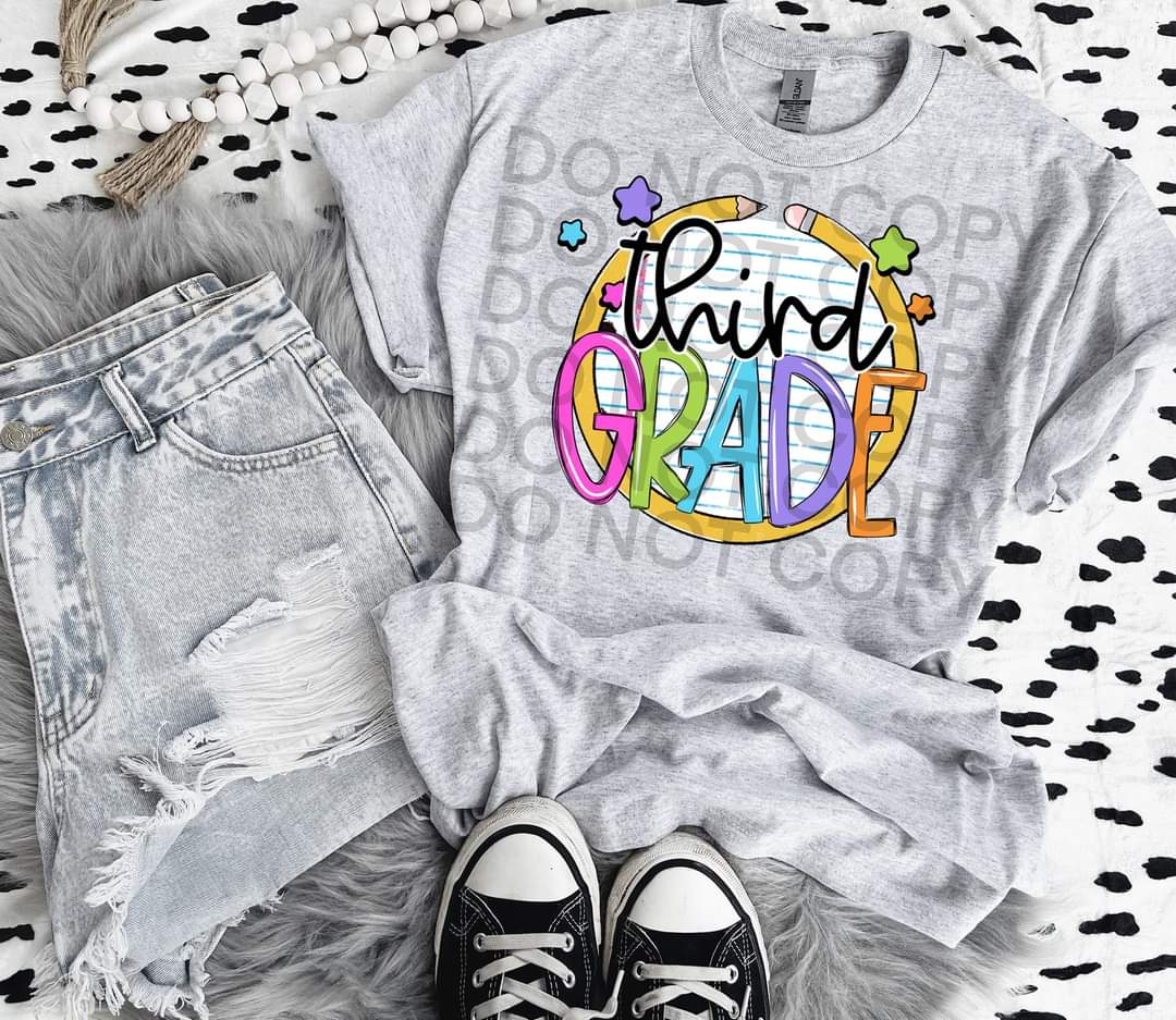 Third grade paper with circle pencil colorful font DTF TRANSFER