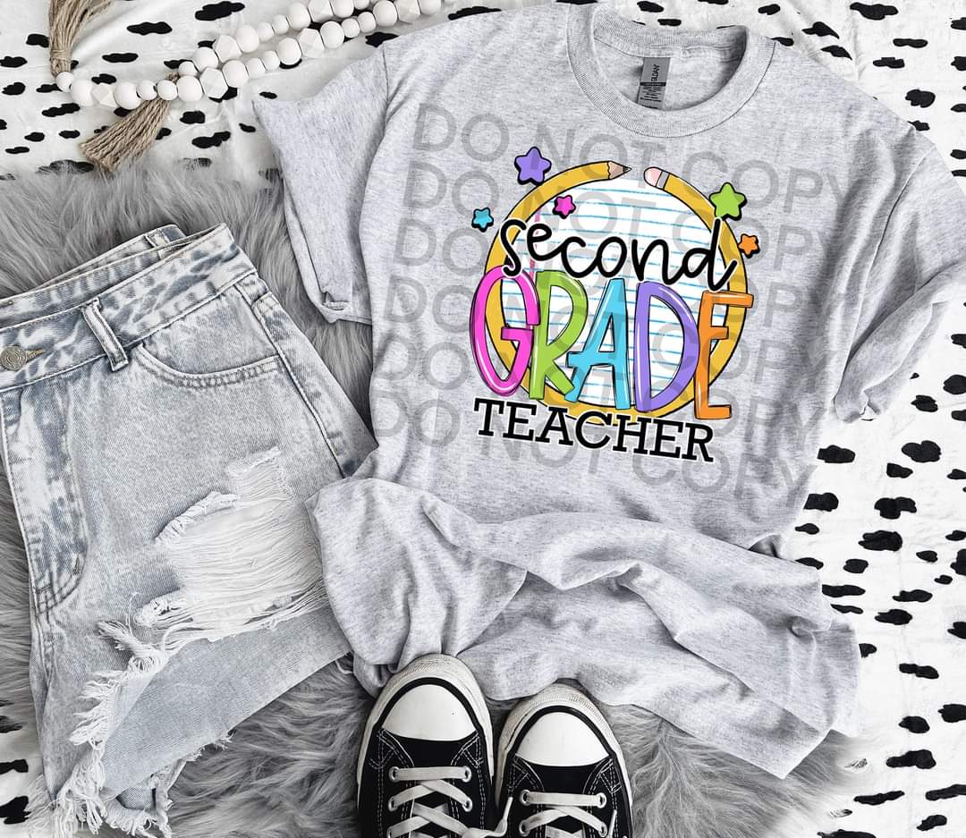 Second grade teacher paper with circle pencil colorful font DTF TRANSFER