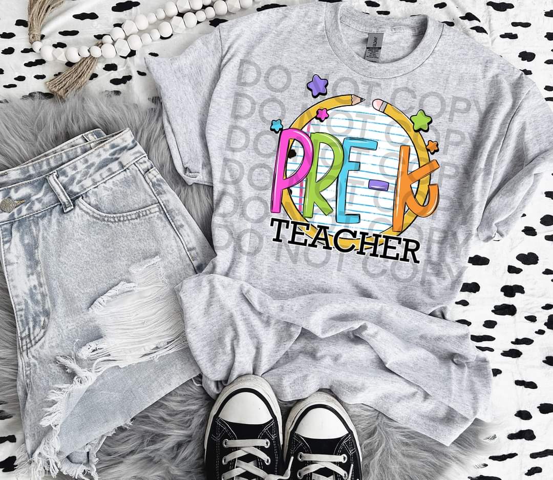 Pre-K teacher paper with circle pencil colorful font DTF TRANSFER