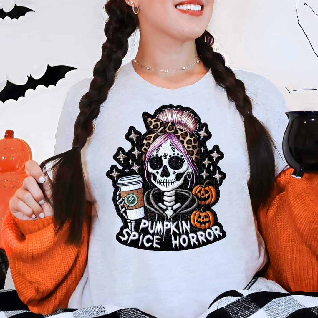 Pumpkin spice horror skellie mom bun exclusive 45275 DTF transfer