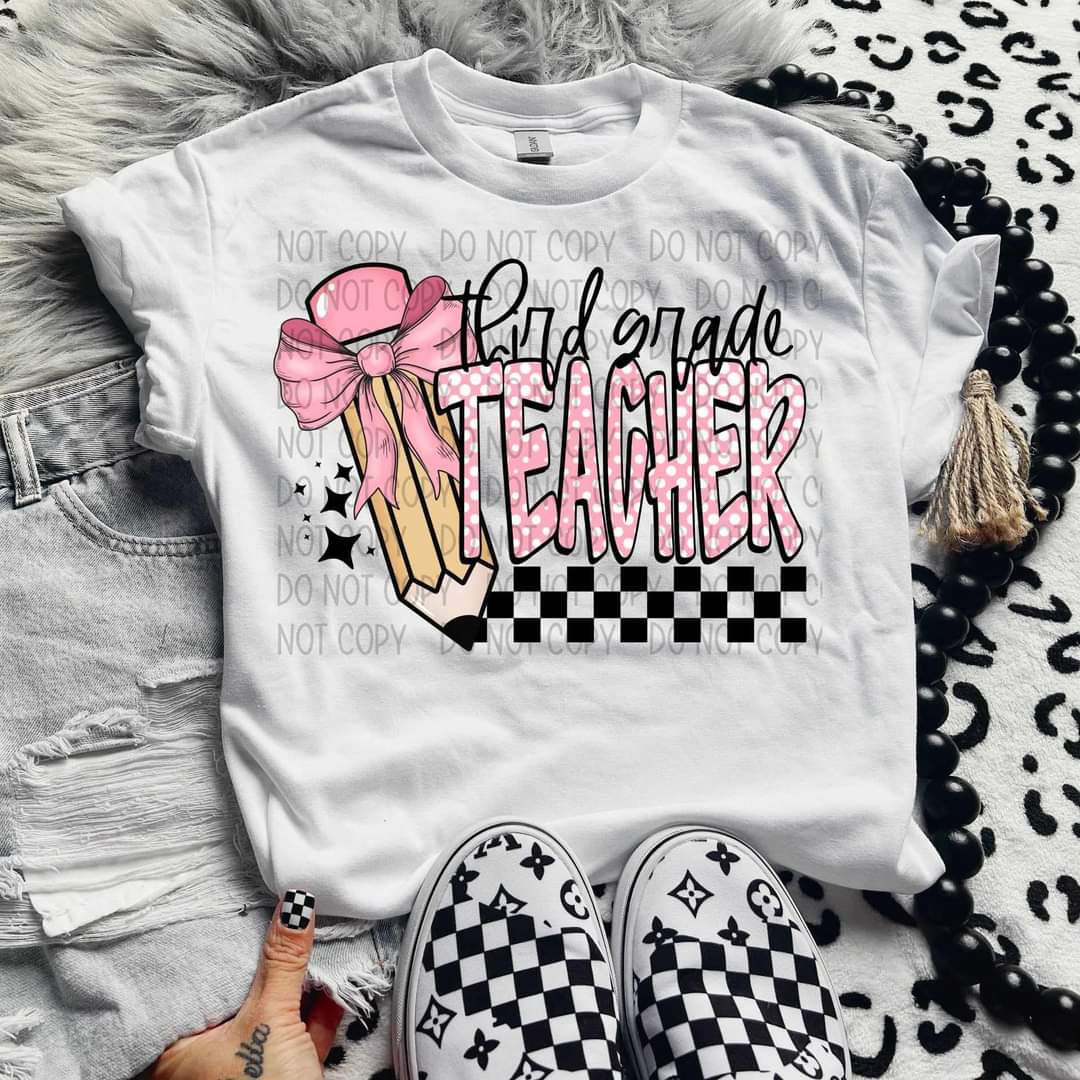 Third grade teacher pink and black font yellow pencil with bow checkered print DTF transfer