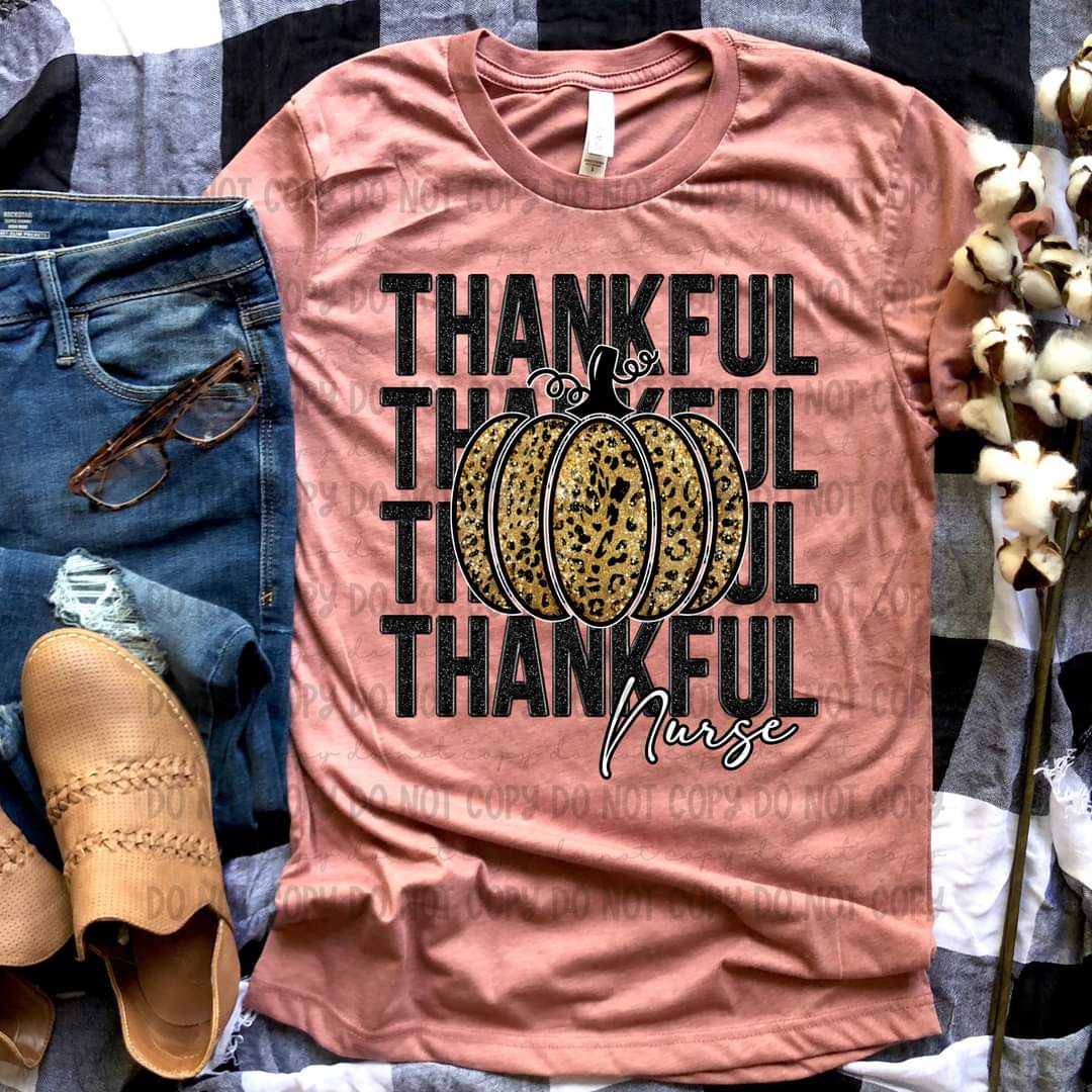 Thankful NURSE (UNDERNEATH PUMPKIN) stacked leopard sequins pumpkin 45347 DTF transfer