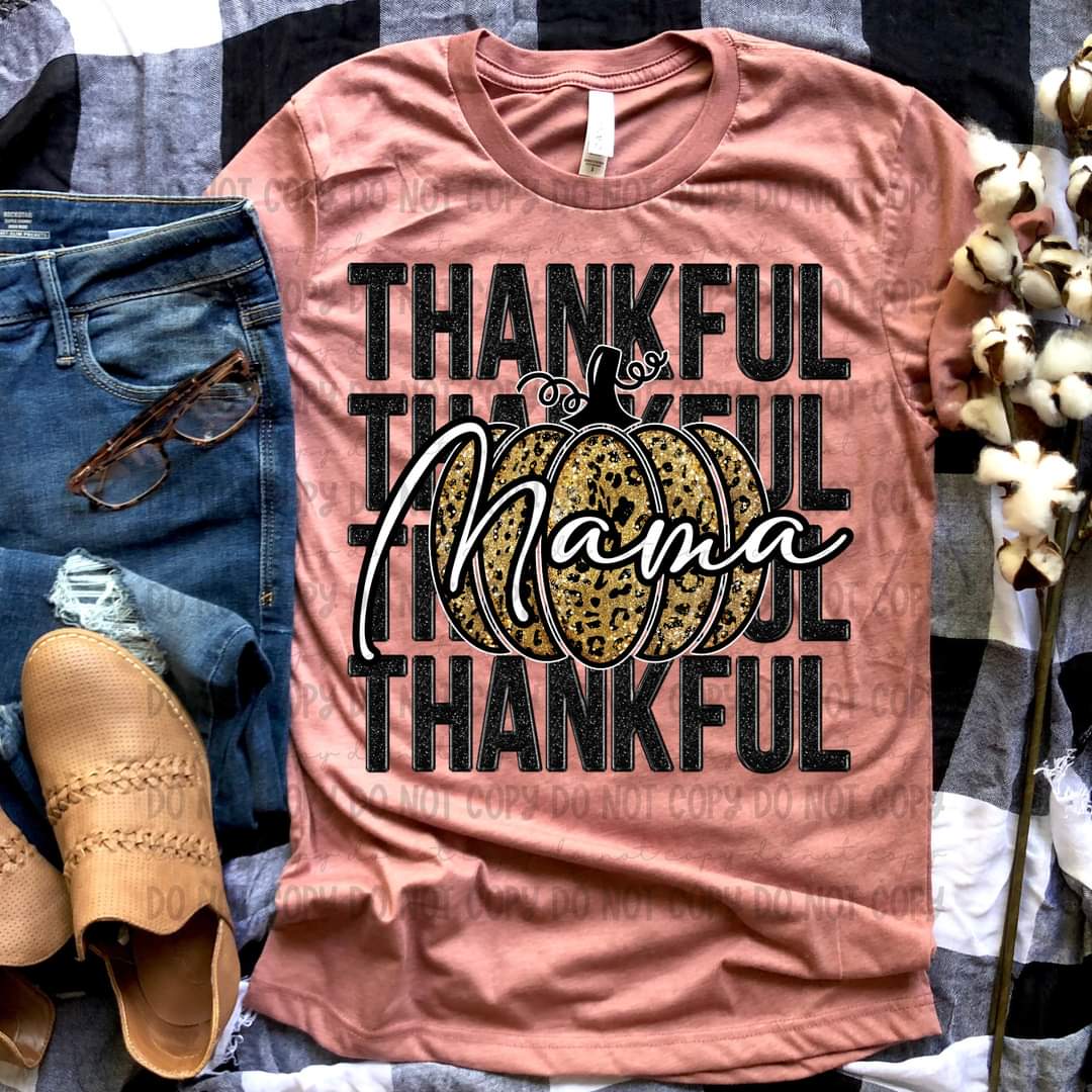 Thankful MAMA stacked leopard sequins pumpkin DTF transfer