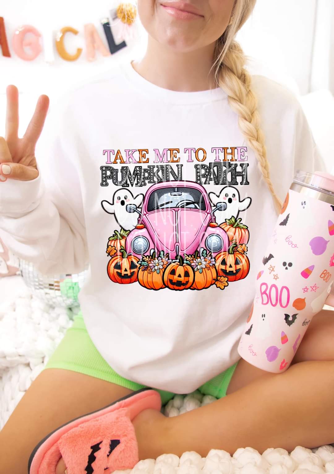 Take me to the pumpkin patch pink car ghost pumpkins 45317 DTF transfer