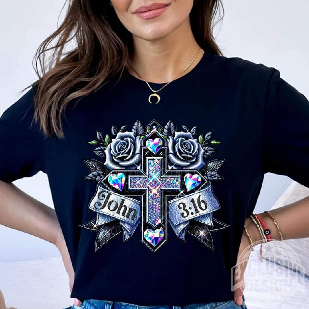 John 3:16 holographic cross and roses 45464 DTF transfer