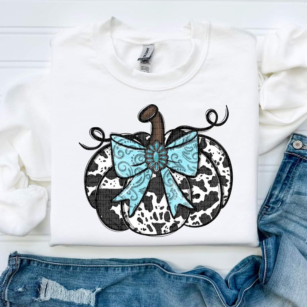 Western cowhide pumpkin turquoise bow 45465 DTF transfer