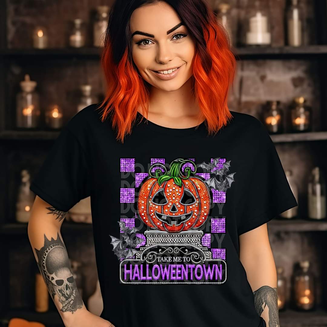 Take me to halloweentown purple checkered sequins 45473 DTF transfer