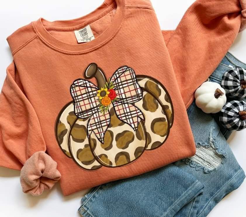 Leopard pumpkin plaid bow 44795 DTF transfer