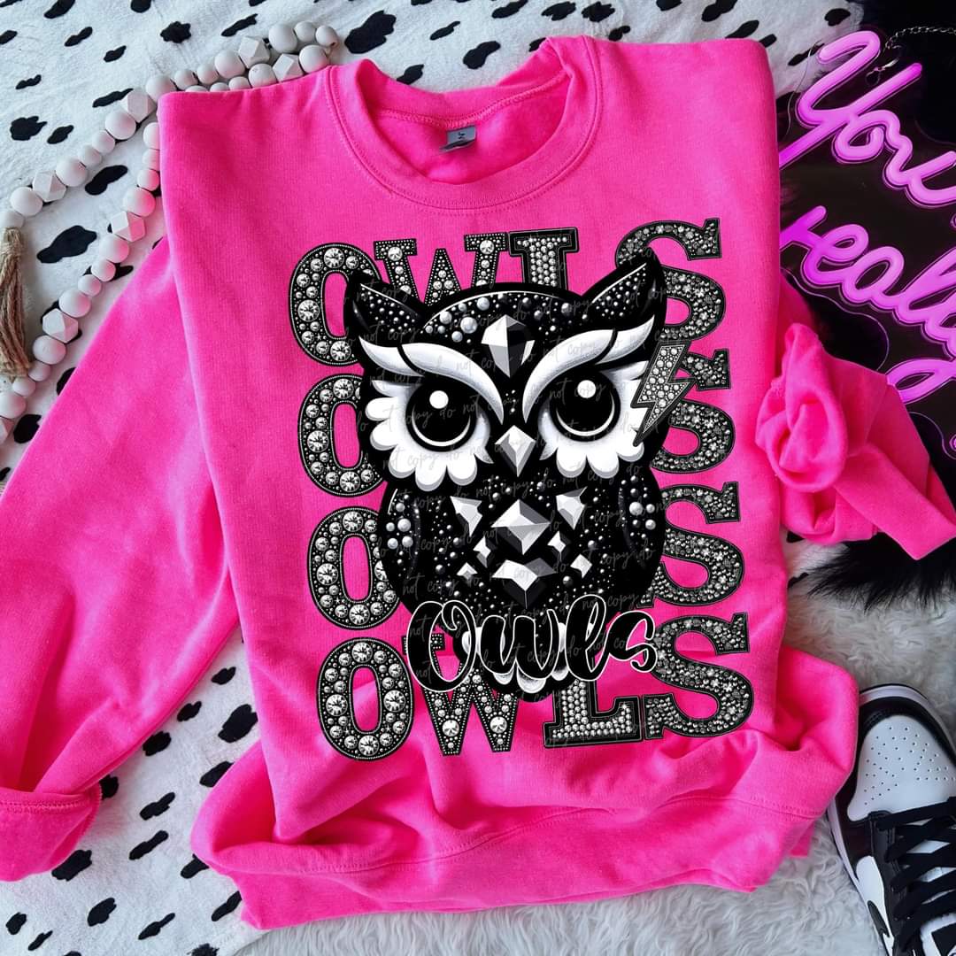 Owls stacked rhinestones Virgo DTF transfer