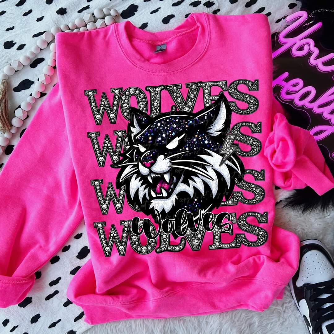 Wolves stacked rhinestones Virgo DTF transfer