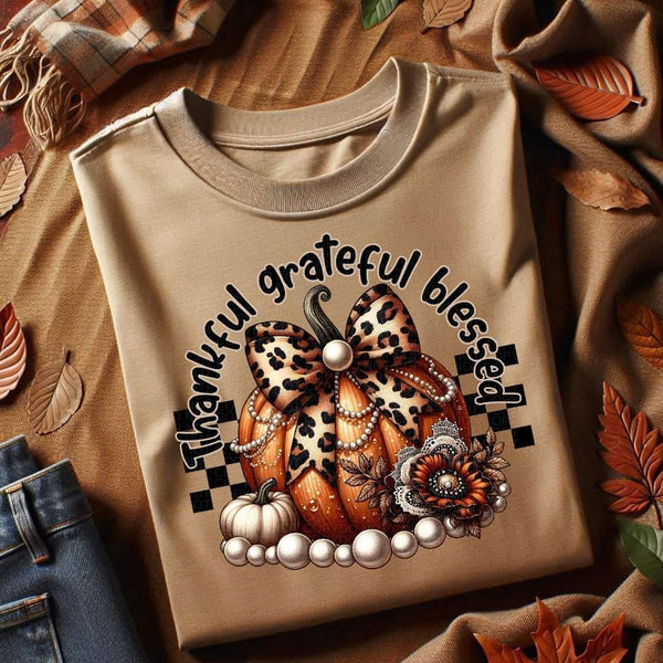 Thankful grateful blessed checkered with pumpkin leopard bow DTF transfer