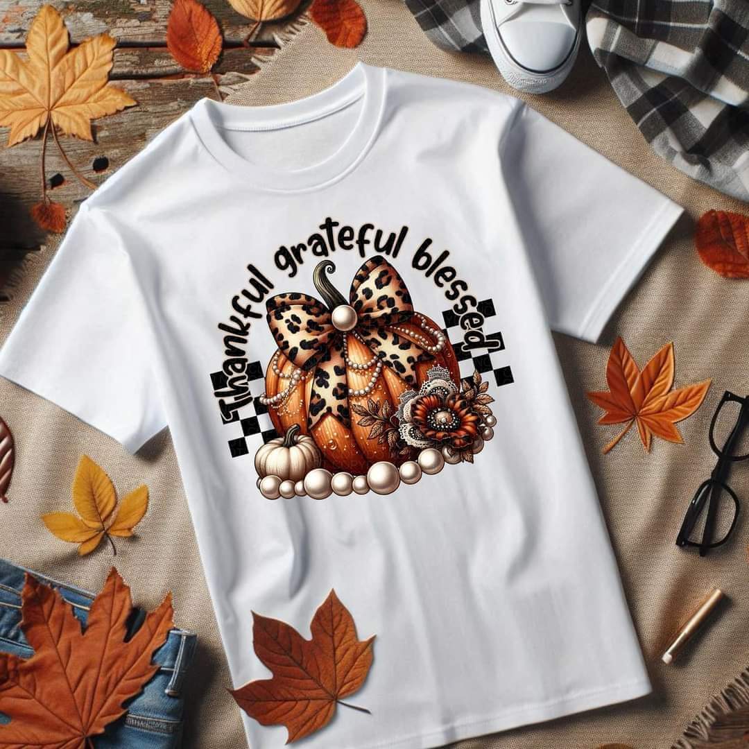 Thankful grateful blessed checkered with pumpkin leopard bow DTF transfer