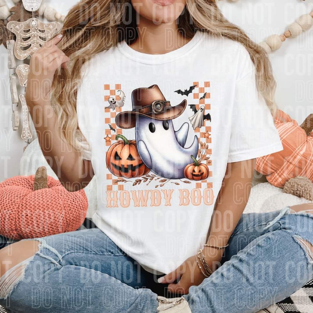 Howdy boo cowboy ghost checkered SBB DTF transfer
