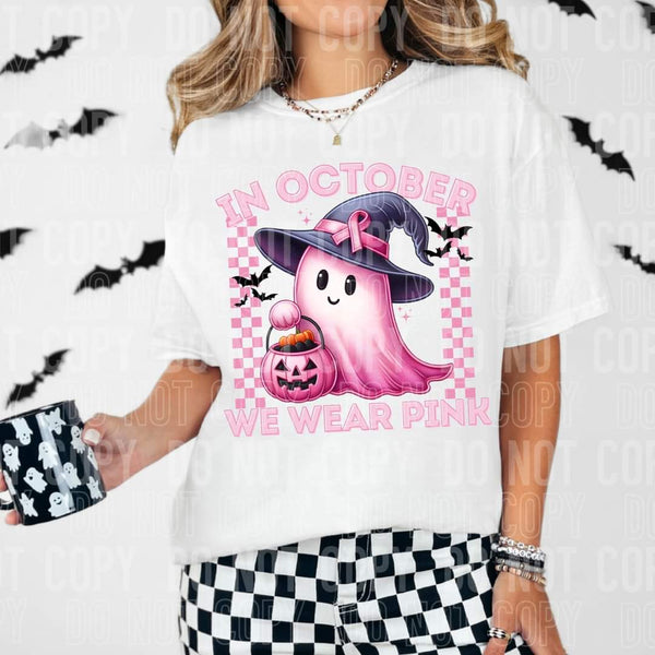 In october we wear pink witch ghost checkered SBB DTF transfer