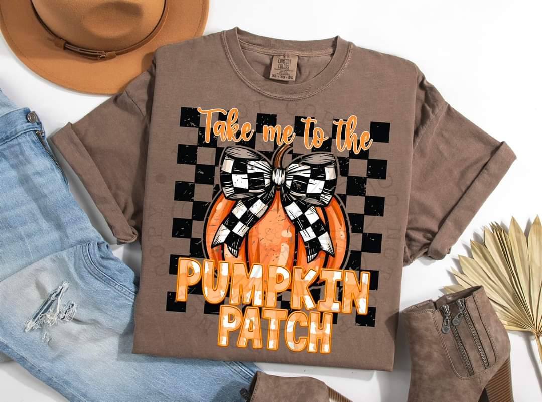 Take me to the pumpkin patch pumpkin with checkered bow DDD DTF transfer