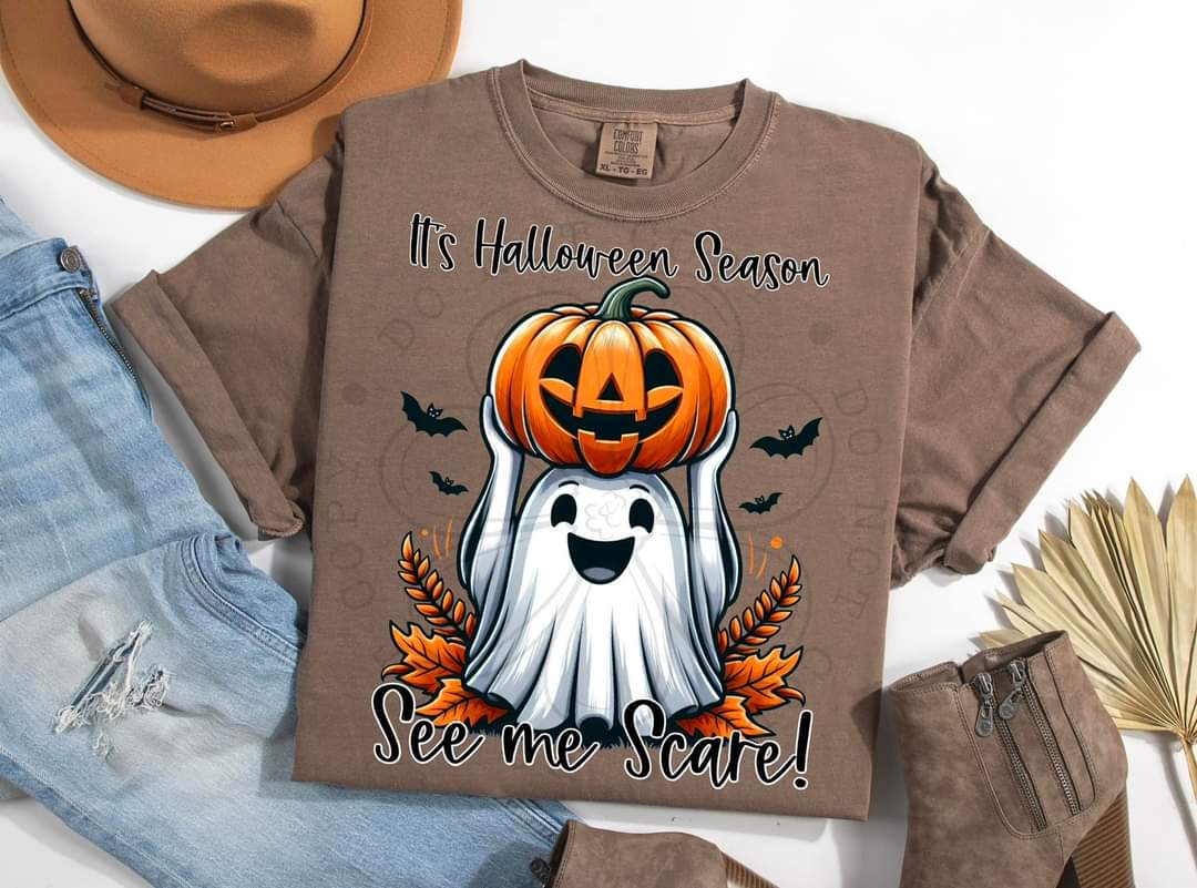 It's halloween season see me scare ghost holding pumpkin DDD DTF transfer
