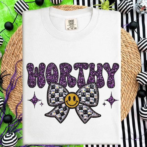 Worthy purple font checkered bow happy face DTF Transfer