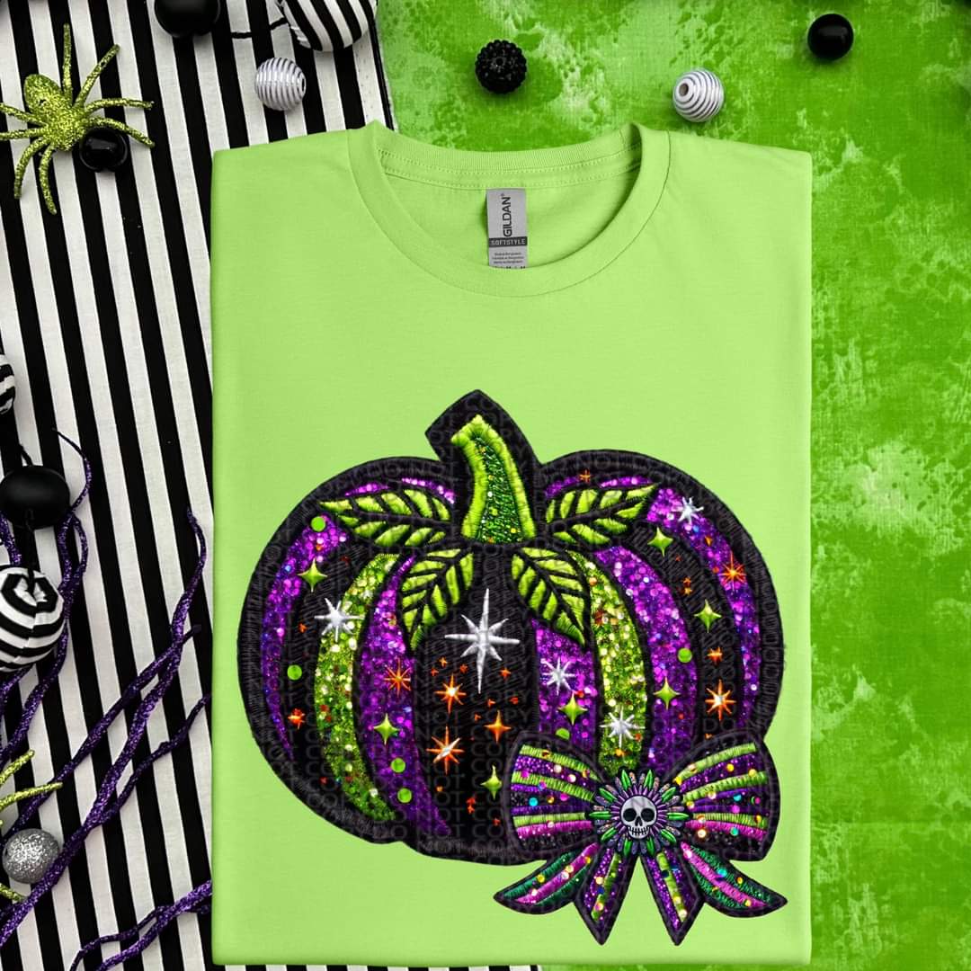 Green and purple pumpkin with bow HW DTF transfer