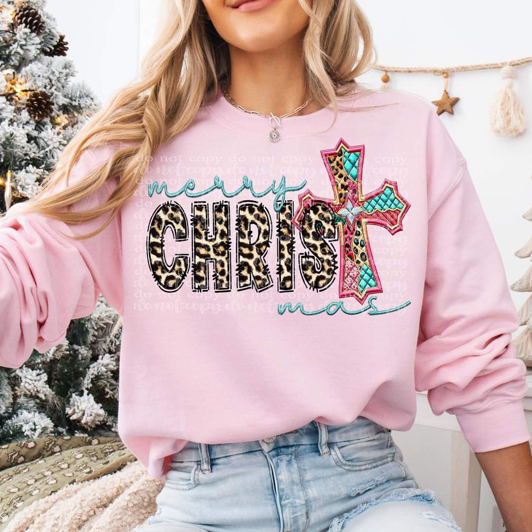 Merry Christmas (blue and leopard font with pink blue and leopard cross) TTD 68425 DTF transfer
