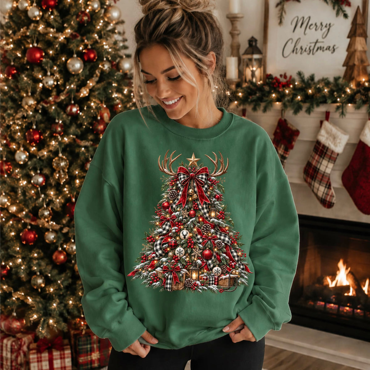 Christmas tree plaid ribbon and ornaments with antlers (SDD) DTF transfer