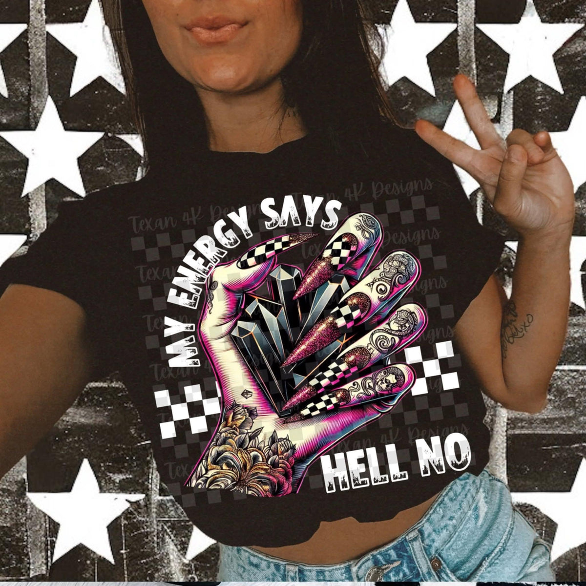 My energy says hell no red nails white font (Texan) 109316 DTF transfer