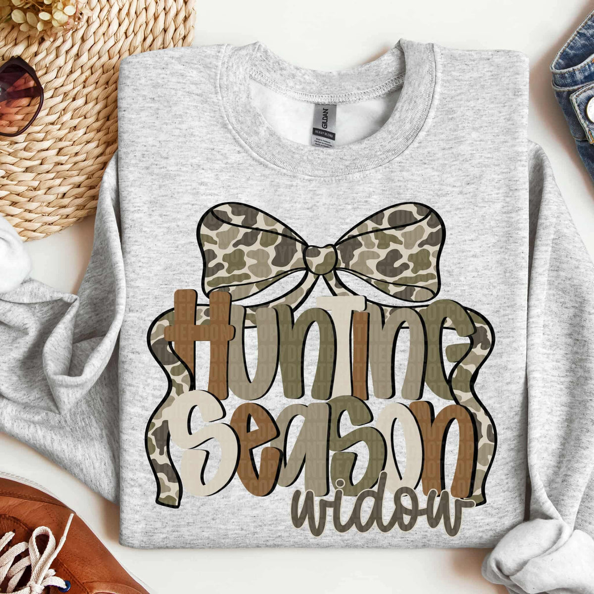 Hunting season widow camo bow brown, cream, green lettering SDD DTF transfer