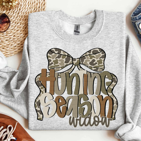 Hunting season widow camo bow brown, cream, green lettering SDD DTF transfer